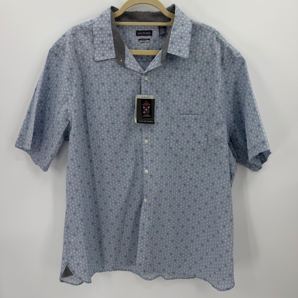 NWT Van Heusen Shirt Never Tuck Stain Shield XXL Blue Palm Tree Slim Fit Button